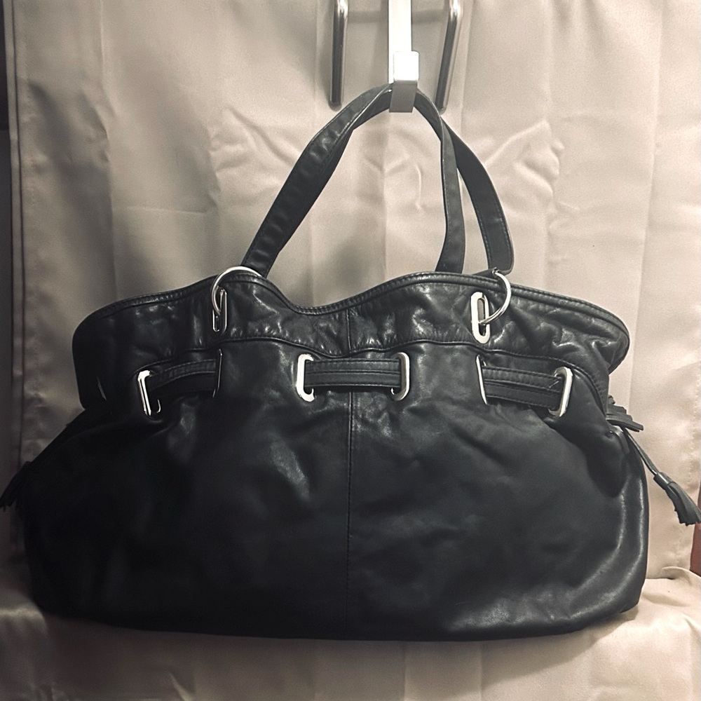 DONALD J PLINER  Black Leather Slouchy/Hobo Drawstring Bag w/Straps